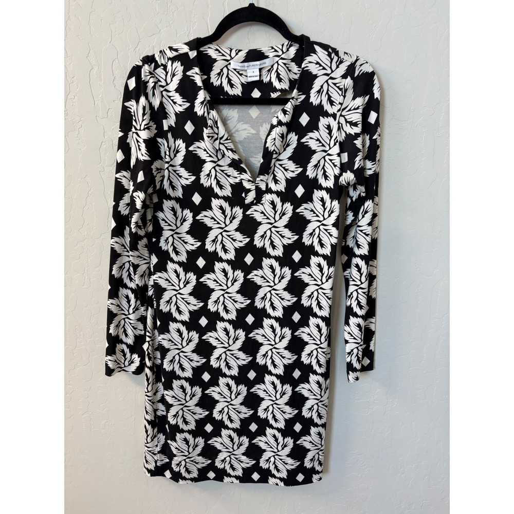 Diane von Furstenberg Reina Mini Shift Dress Giant Leaf Floral Print Silk Sz 8‎